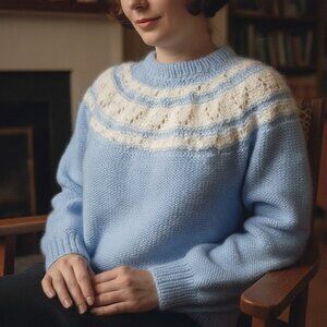 Vintage adorable pastel blue and white cloudy soft fluffy hand knit sweater